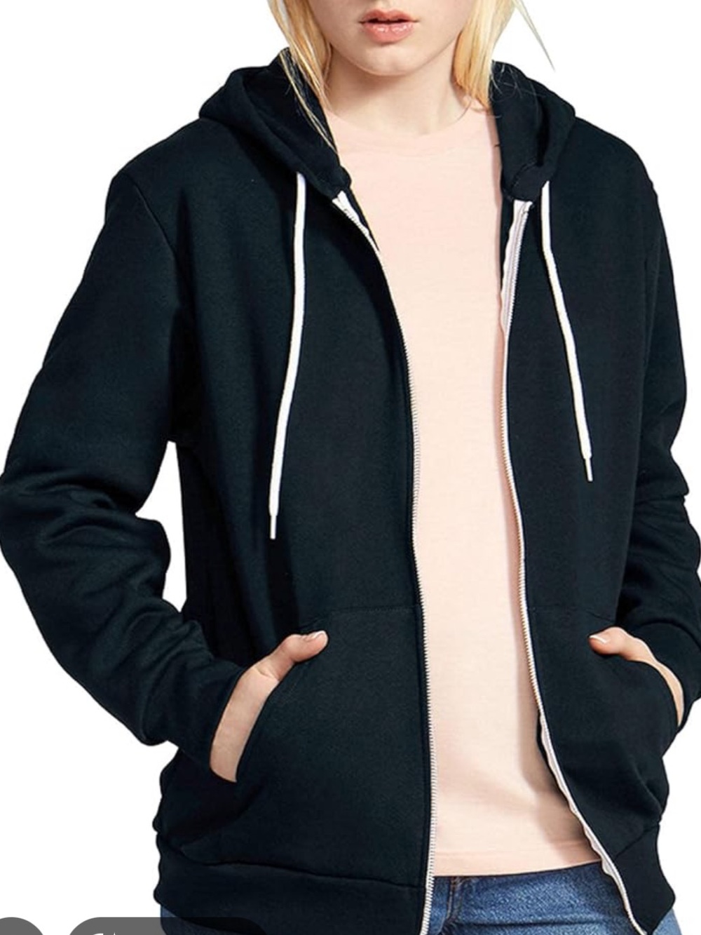 Black American Apparel Zip-Up Hoodie with White Drawstrings